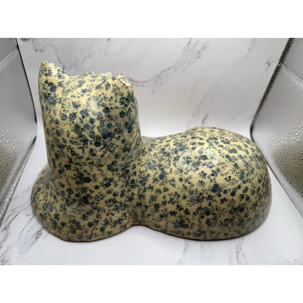 Vintage Decoupage Cat Figurine Blue Chintz Floral Fabric